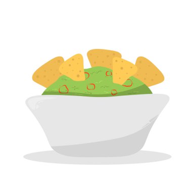 Nachos soslu guacamole. Avokadodan yapılan geleneksel Meksika latin amerikan sosu. Guacamole soslu ve tortilla cipsli seramik kase. Beyaz üzerine izole edilmiş vektör düz illüstrasyon.