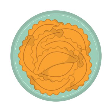 Tabak illüstrasyonunda elle çizilmiş börek ya da kızarmış turta. Tipik Latin Amerika ve İspanyol fast food. Çizgi film tarzında Empanada