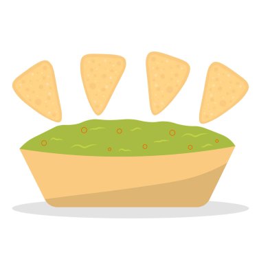 Nachos soslu guacamole. Avokadodan yapılan geleneksel Meksika latin amerikan sosu. Guacamole soslu ve tortilla cipsli seramik kase. Beyaz üzerine izole edilmiş vektör düz illüstrasyon.