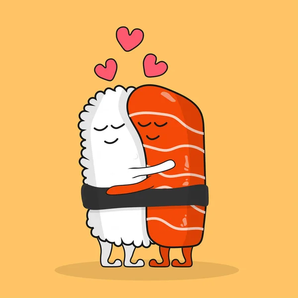 Bonito Sushi Salmão Casal Abraço Cartoon Vector Icon Ilustração Food — Vetor de Stock