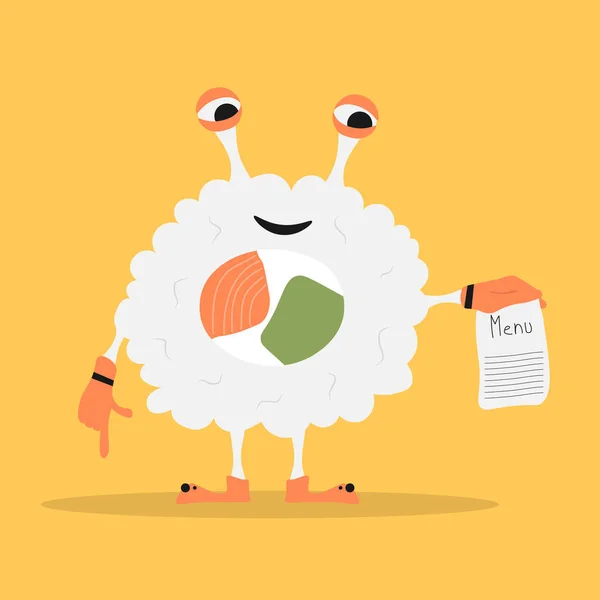 Somonlu suşi, Uramaki dürümü. Manzaralı. Sevimli karakter tasarımı. Yeşil arkaplanda vektör karikatür çizimi.