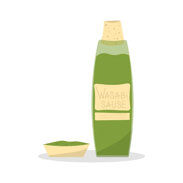 Wasabi Flasche Und Schüssel Wasabisoße Von Oben Vektorillustration — Stockvektor