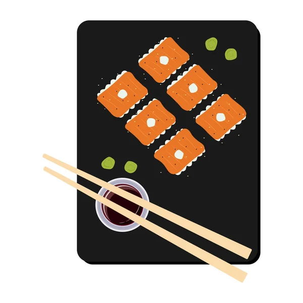 Philadelphia Sushi Jsou Krásně Rozloženy Omáčkou Horní Pohled Černém Pozadí — Stockový vektor