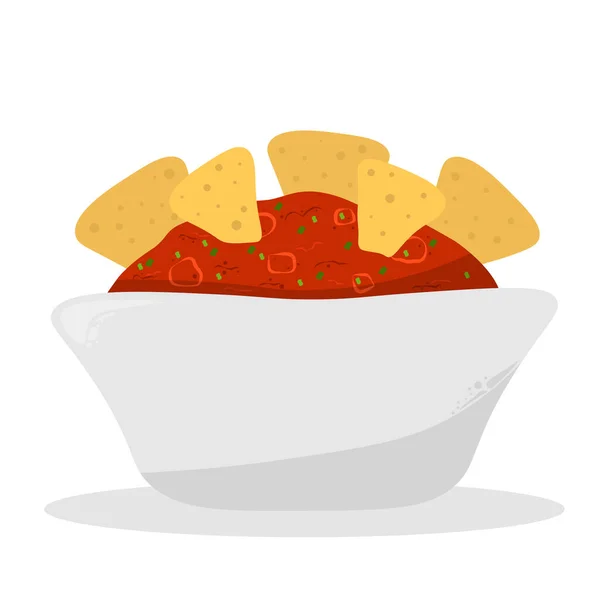 Nachos Corn Chip Red Salsa Sauce Icon Vector 배경에 살사담그는 — 스톡 벡터