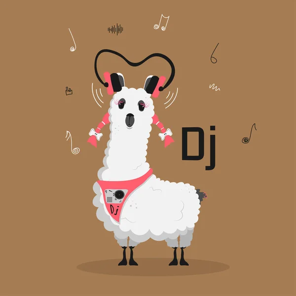 Şirin komik Lama çizgi filmi alpaka maskot müzik DJ 'i ve kulaklıkları var. Lama hayvani el çizimi vektörü 