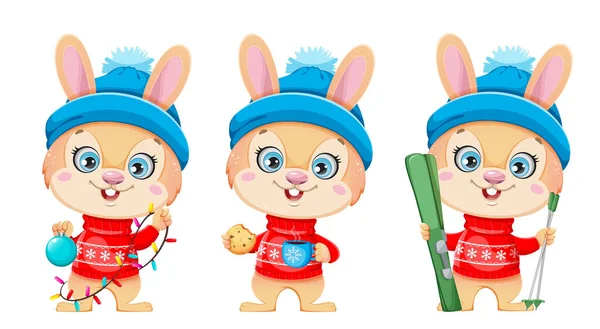 Carino Personaggio Dei Cartoni Animati Coniglio Set Tre Pose Buon — Vettoriale Stock