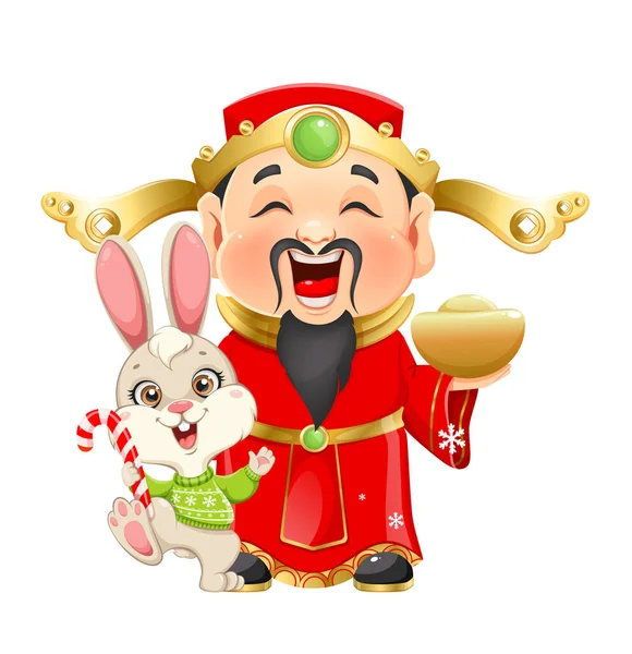 Chinesische Neujahrskarte Mit Gott Des Reichtums Und Niedlichem Hasen Symbol Stockvektor
