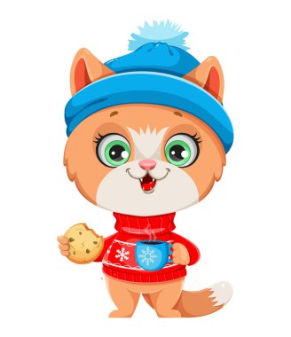 Sıcak kıyafetler içindeki sevimli kedi yavrusu. Kurabiyeli sıcak meşe ağacı içen komik kedi çizgi film karakteri. Mutlu Noeller ve mutlu yıllar. Vektör illüstrasyonu