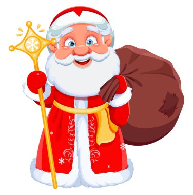 Mutlu Noeller ve mutlu yıllar. Peder Frost. Büyük çuvallı Rus Noel Baba. Sevimli çizgi film karakteri. Beyaz arkaplanda stok vektör illüstrasyonu