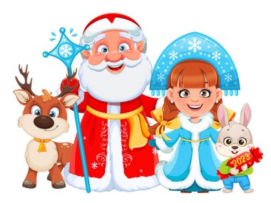 Mutlu yıllar ve mutlu Noeller. Rus Baba Frost (Noel Baba), Snegurochka (Kar Kızı), geyik ve tavşan. Sevimli çizgi film karakterleri. Stok vektör illüstrasyonu beyaz üzerine izole edildi