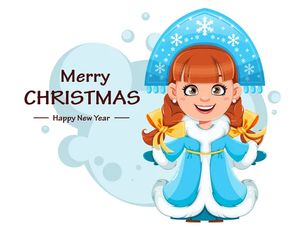 Happy New Year Merry Christmas Greeting Card Russian Snegurochka Snow — Stock Vector