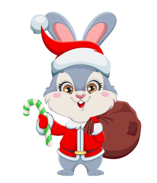 Lindo Personaje Dibujos Animados Conejo Sosteniendo Bastón Caramelo Feliz Navidad — Vector de stock