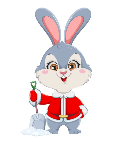 Carino Personaggio Dei Cartoni Animati Coniglio Pulizia Neve Buon Natale — Vettoriale Stock
