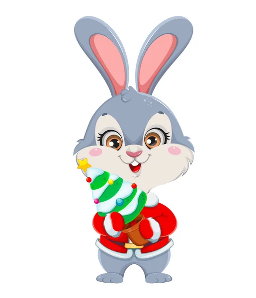 Carino Personaggio Dei Cartoni Animati Coniglio Che Tiene Piccolo Abete — Vettoriale Stock