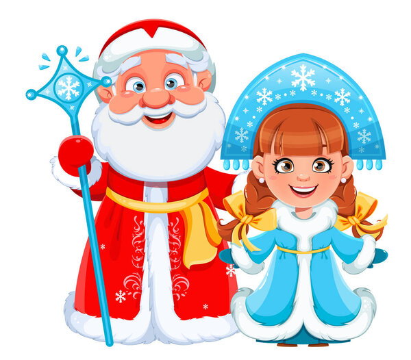 Happy New Year and Merry Christmas. Russian Father Frost (Santa Claus) and Snegurochka (Snow Maiden). Cute cartoon characters. Stock vector illustration isolated on white