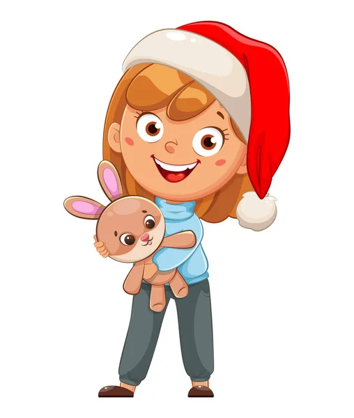 Cute Girl Cartoon Character Santa Hat Holding Toy Rabbit Merry — Stock Vector