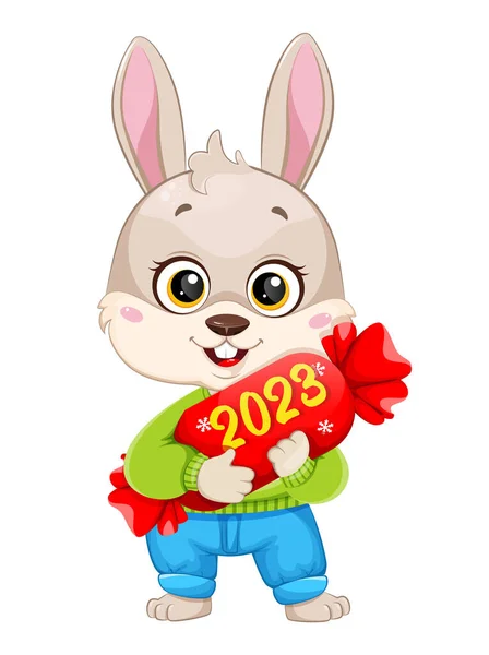 Cartoon Rabbit Holding Big Candy Cute Bunny Merry Christmas Happy — Stock Vector