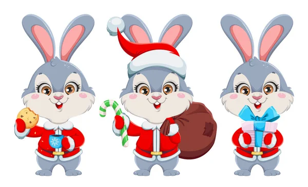 漫画のウサギ 3つのポーズのセット 可愛いウサギさん メリークリスマスとハッピーニューイヤー 白を背景にしたストックベクトルイラスト — ストックベクタ