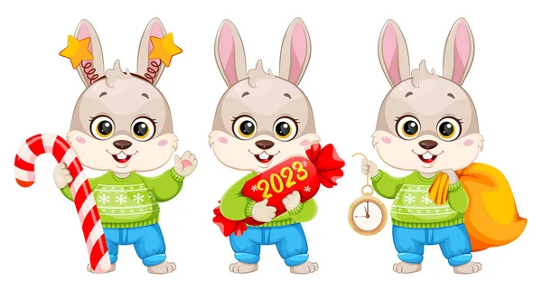 漫画のウサギ 3つのポーズのセット 可愛いウサギさん メリークリスマスとハッピーニューイヤー ストックベクトルイラスト ロイヤリティフリーストックベクター