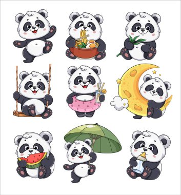 Şirin panda, dokuz poz. Komik çizgi film karakteri. Beyaz arkaplanda stok vektör illüstrasyonu.