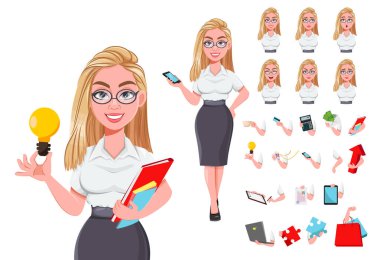 Güzel sarışın iş kadını, vücut parçaları, duygular falan. Şirin genç iş kadını çizgi film karakteri. Kişisel tasarımını yap. Stok vektör illüstrasyonu