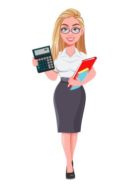 Hesap makineli güzel sarışın iş kadını. Şirin iş kadını çizgi film karakteri. Stok vektör illüstrasyonu