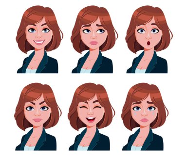 Kahverengi saçlı güzel kadının yüz ifadeleri. Farklı kadın duyguları. Tatlı kadın çizgi film karakteri. Beyaz arkaplanda vektör illüstrasyonu.