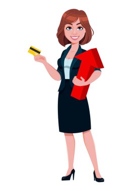 Kredi kartı tutan bir iş kadını. Güzel iş kadını çizgi film karakteri, güzel bayan. Stok vektör illüstrasyonu