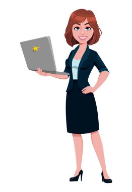 İş kadını dizüstü bilgisayarını sunuyor. Güzel iş kadını çizgi film karakteri, güzel bayan. Stok vektör illüstrasyonu