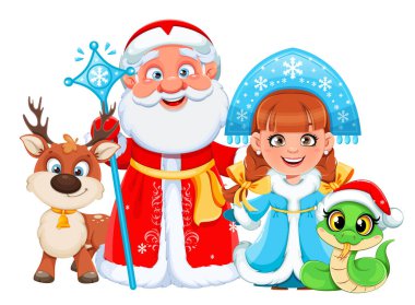 Mutlu yıllar ve mutlu Noeller. Rus Baba Frost (Noel Baba), Snegurochka (Kar Bakiresi), geyik ve yılan. Sevimli çizgi film karakterleri. Stok vektör illüstrasyonu beyaz üzerine izole edildi