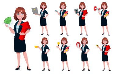 Dokuz pozlu bir iş kadını. Güzel iş kadını çizgi film karakteri, güzel bayan. Stok vektör illüstrasyonu