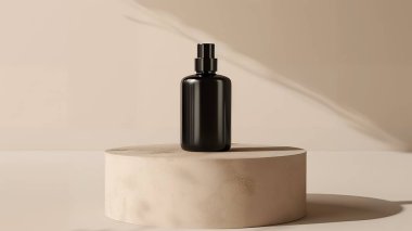 Elegant Mockup: Minimalistic Black Perfume Bottle Displayed on a Sleek Podium for Branding, Luxury Advertising, and High-End Packaging Design Showcases clipart