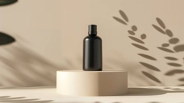 Elegant Mockup: Minimalistic Black Perfume Bottle Displayed on a Sleek Podium for Branding, Luxury Advertising, and High-End Packaging Design Showcases clipart