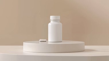 Clean and Modern Mockup: White Medicine Bottle Displayed on Minimalist Podium for Healthcare Branding, Pharmaceutical Packaging, and Medical Product Marketing Showcase clipart