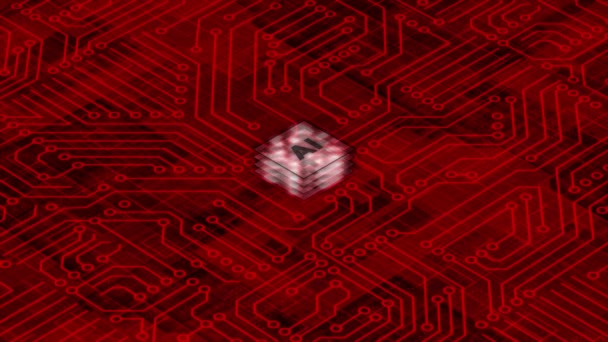 接続および信号が付いているアニメーション赤い3Dコンピュータの破片 Aiコンピュータプロセッサの背景 マザーボード回路パターンの背景 — ストック動画