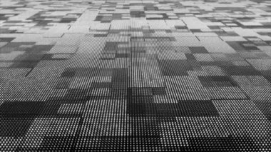 Canlandırılmış beyaz parçacıklar kare desenli 3D teknoloji siber uzay arkaplanı taşıyorlar. Dijital matris geleceksel arkaplanı