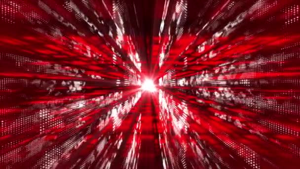 Animerade Röda Flytande Partiklar Digital Teknik Cyberrymden Med Ljusstrålar — Stockvideo