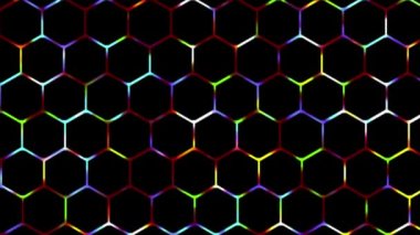 Canlandırılmış 2D parlayan dijital teknoloji altıgen ağ arka planı, parlayan neon ışığı oyun arkaplanı