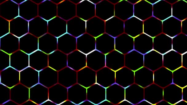 Animované Zářící Digitální Technologie Šestihranné Síťoviny Pozadí Zářící Neonové Světlo — Stock video