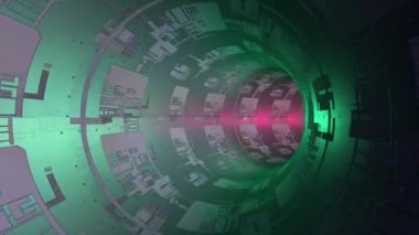 Yüzey zemininde elektronik devre kartı deseni olan renkli bilim kurgu dairesel tünel animasyonu