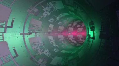 Yüzey zemininde elektronik devre kartı deseni olan renkli bilim kurgu dairesel tünel animasyonu