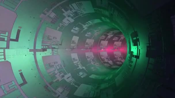 Animerade Färgglada Sci Cirkulär Tunnel Med Elektronisk Kretskort Struktur Ytan — Stockvideo