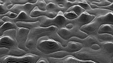 Canlandırılmış 3d döngü veri akışı konsepti, bilim-kurgu topoğrafik model arkaplanı. Dijital alanda hareket eden beyaz ve siyah yüksek teknoloji yatay çizgiler