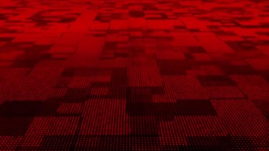 Canlandırılmış kırmızı parçacıklar kare desenli 3D teknoloji siber uzay arkaplanını hareket ettiriyor. Dijital matris geleceksel arkaplanı