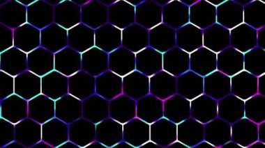 Canlandırılmış 2D parlayan dijital teknoloji altıgen ağ arka planı, parlayan neon ışığı oyun arkaplanı