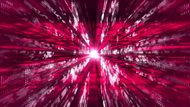 Анимационные Пурпурные Красные Плавающие Частицы Цифровом Технологическом Киберпространстве Световыми Лучами — стоковое видео