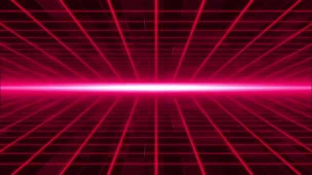 背景明亮发光的霓虹灯上闪烁着闪烁的光学照明弹的动感移动抽象科幻网格 — 图库视频影像