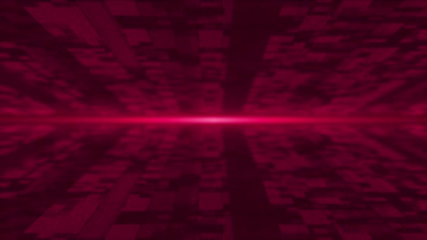 Animovaná Purpurová Červená Létající Částice Digitálním Technologickém Kyberprostoru Světelnými Paprsky — Stock video