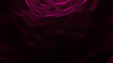 Canlandırılmış Soyut Magenta kırmızı parçacık parlayan parçacıklarla dalgalanan doku. Siber veya teknolojik dijital arkaplan