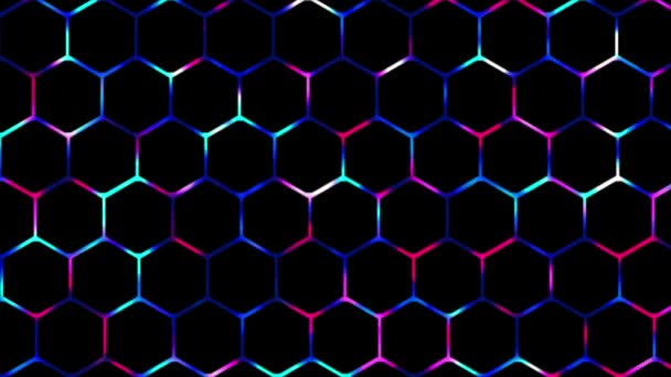 アニメーションカラフルな2D光るデジタル技術六角形メッシュの背景 輝くネオンライトゲームの背景 — ストック動画